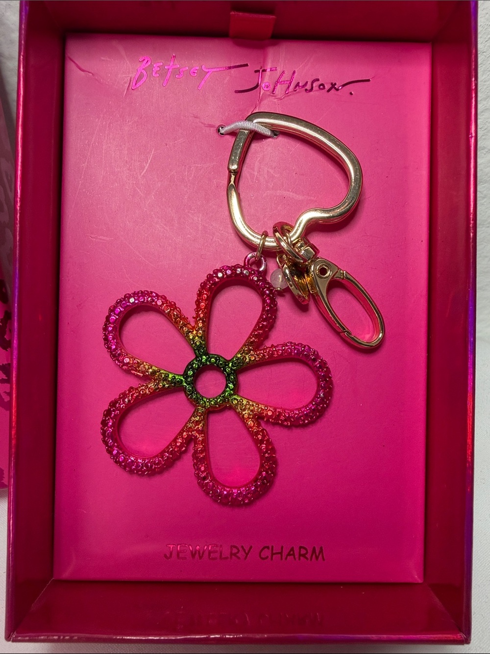 Betsey‎ Johnson Hot Pink Glitter Flower Keychain with Gold Hardware